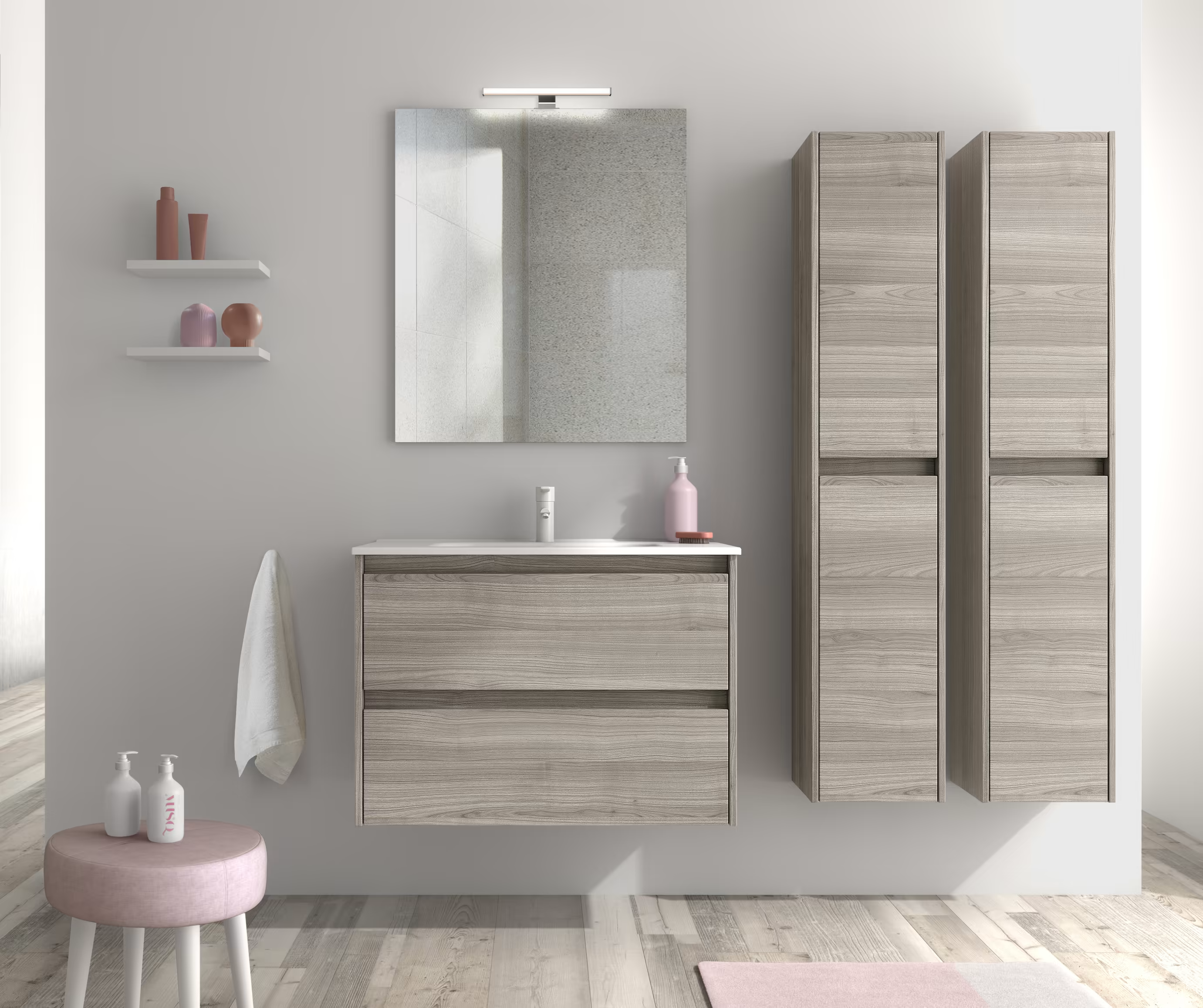 Baño de lujo con mampara de cristal y acabados en madera